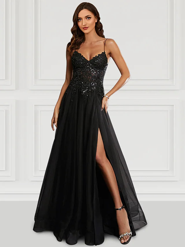 Prom Dresses Black Dress Party Wear Floor Length Sleeveless Spaghetti Strap Tulle with Glitter Slit