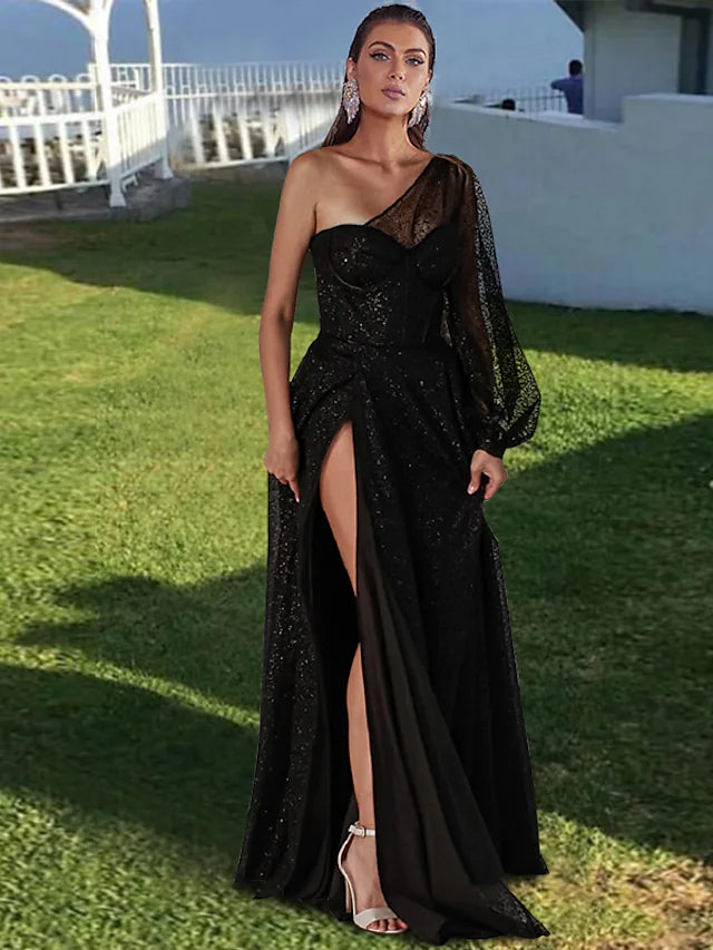 Prom Dresses Sparkle & Shine Dress Party Wear Floor Length Long Sleeve One Shoulder  Tulle with Pleats Sequin Slit