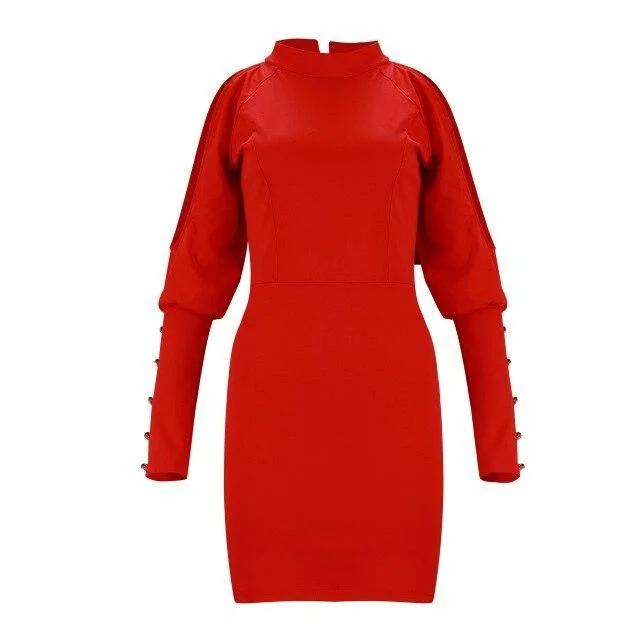 FashionSierra - Sexy Dress Party Night Sexy Solid Color Red Off Shoulder Turtleneck Long Sleeve Button Hoolow Out Women Bodycon Dress