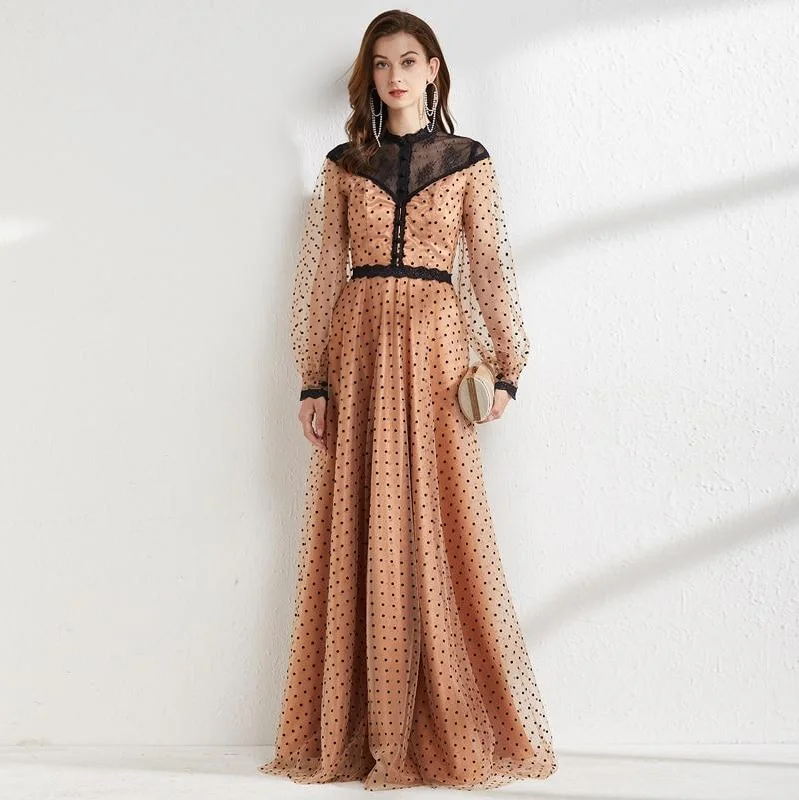 FashionSierra - Women's Runway Dresses O Neck Long Sleeves Lace Patchwork Polka Dots Printed Elegant Maxi Floor Length Party Prom