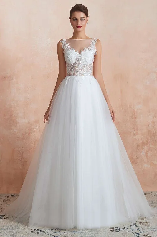 A-Line Bateau Appliqués Wedding Dress with Sheer Back