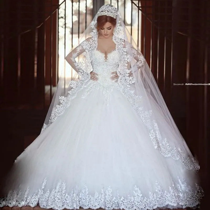 A-Line Luxury Princess Wedding Dresses  Long Sleeve Lace Charming Bride Dress For Women