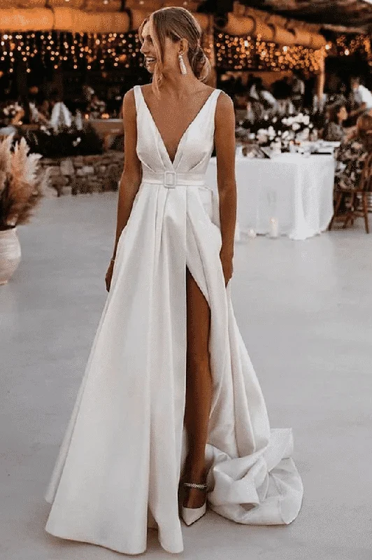 A-Line V-Neck Sleeveless Satin Side Slit Beach Wedding Dress with Belt