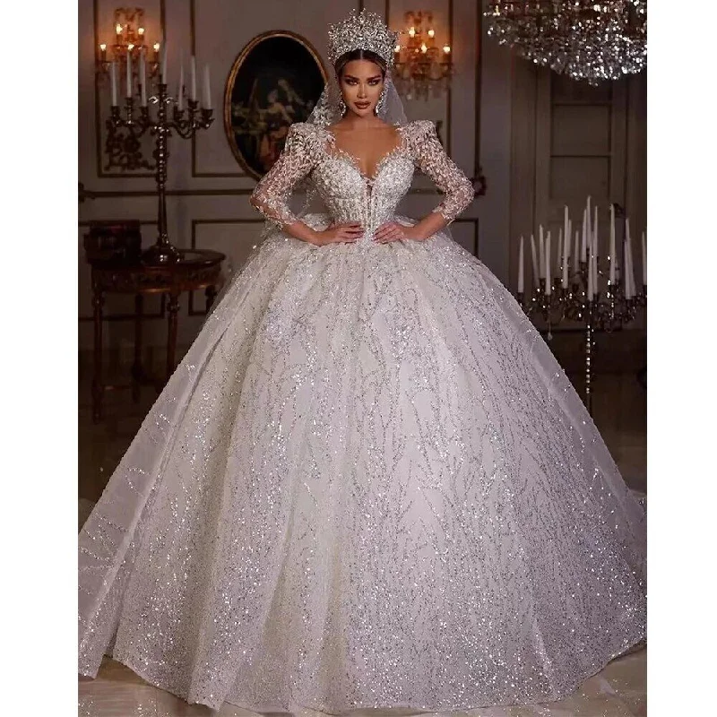 Ball Gown Royal Wedding Dresses Sweetheart Long Sleeve Robe De Mariee Lace Beaded Princess Glitter Vestido De Novia