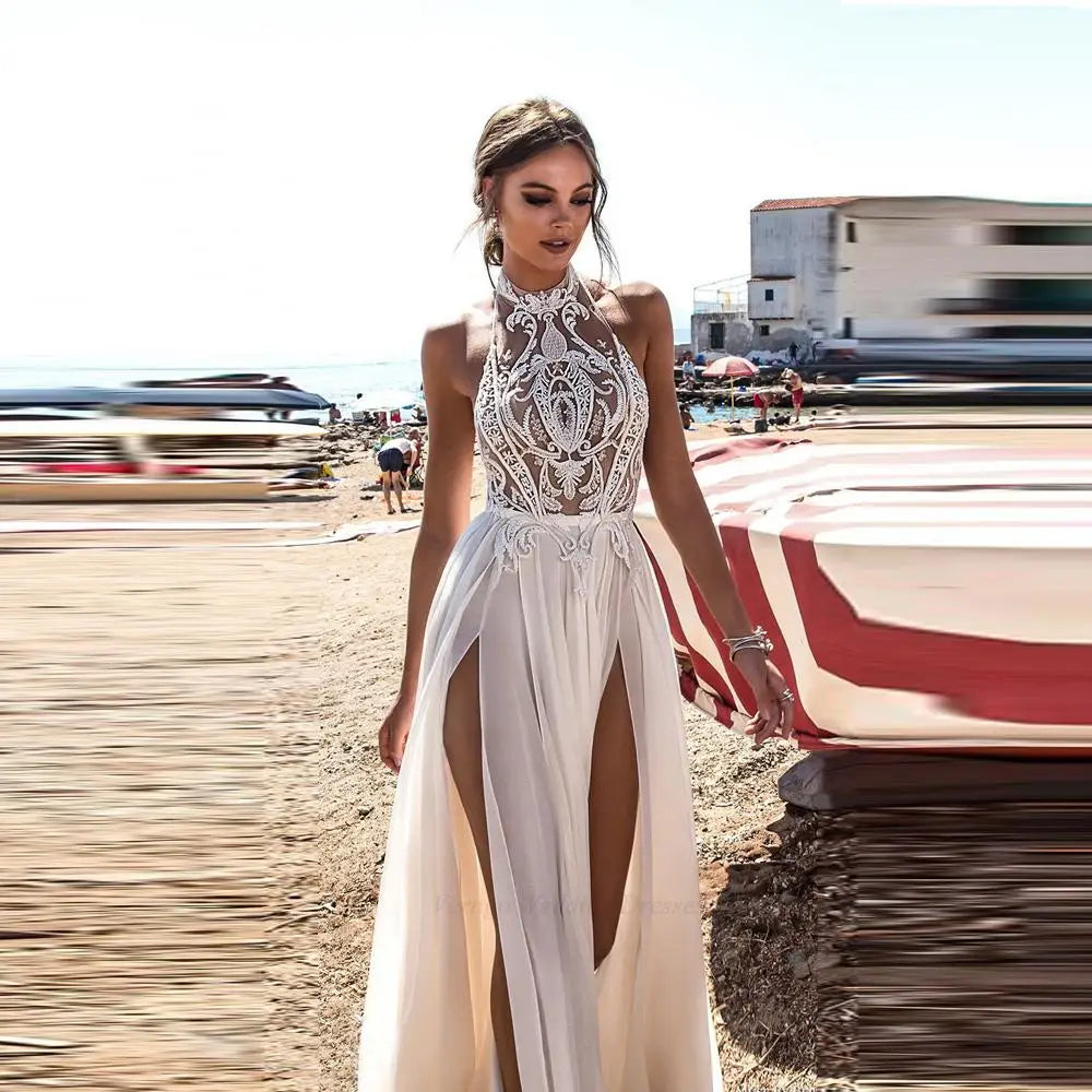 Beach Wedding Dress Boho Bride Gown Halter Lace Top Chiffon Sexy High Side Slit Skirt Long Backless Bridal Dresses