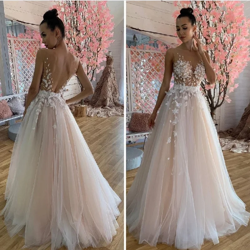 Beach wedding Dress Flowers For Women A-Line Deep V-Neck Appliques Sleeveless Backless Tulle Floor Length Bridal Gowns