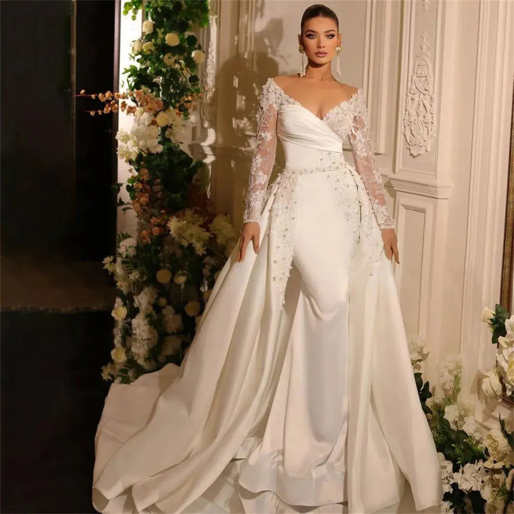 Beautiful  A Line Wedding Dresses Gorgeous Satin Deep V-neck Lace Appliques Slimming Beautiful Mopping Beach Bridal Gown