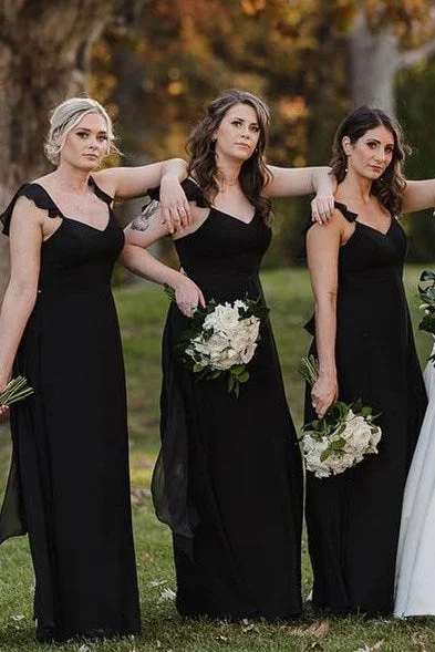 Black Flutter Straps V Neck Chiffon Long Bridesmaid Dress