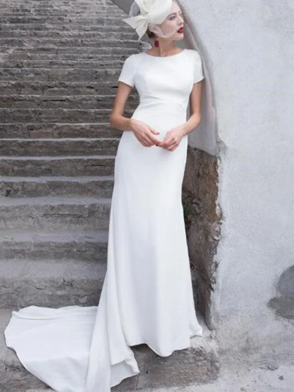 Chic Scoop Neck Bridal Gowna, Cap Sleeves Long Wedding Dresses,