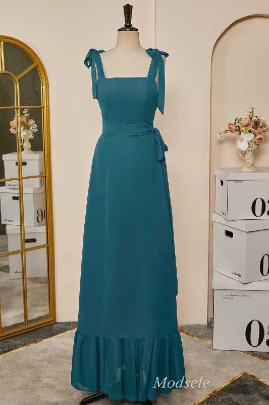 Emerald Tie Strap Ruffle Long Bridesmaid Dress