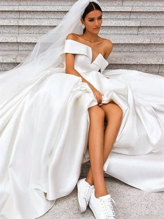 Ivory Off Shoulder Simple Elegant Satin Wedding Gown, A-line Classic Wedding Dresses