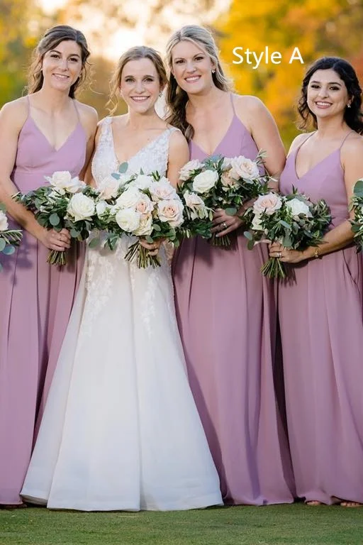 Mismatched Mauve Chiffon V Neck Long Bridesmaid Dress