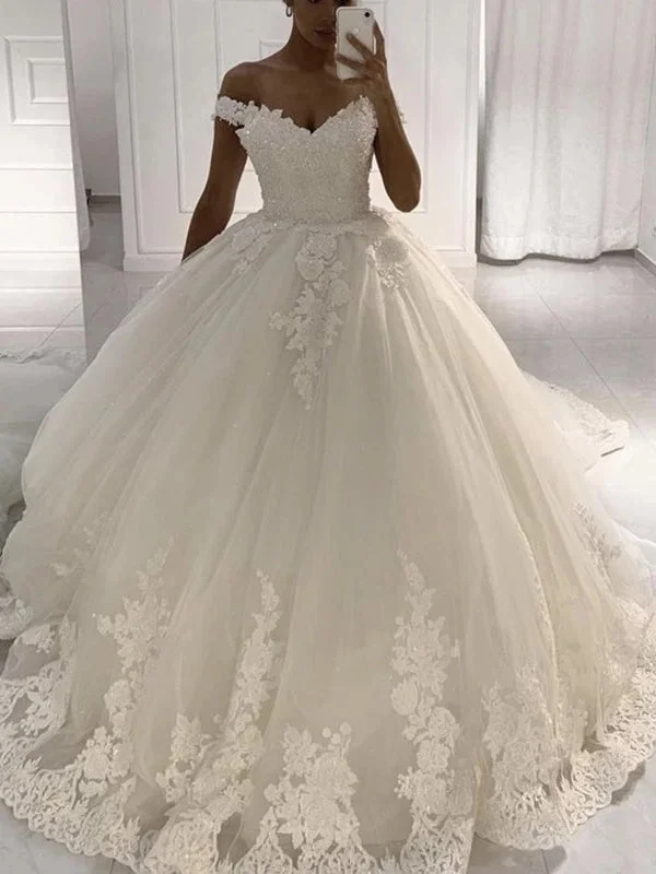 Off Shoulder A-line Lace Tulle Wedding Dresses, Ball Gown Dresses, Popular Wedding Gown