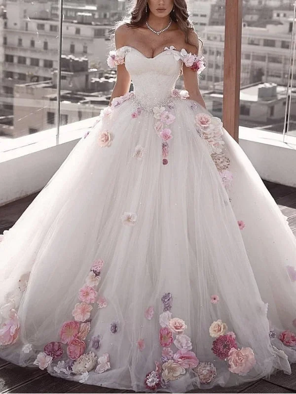 Off Shoulder Long Ball Gown Wedding Dresses, Beaded 3D Flowers Wedding Dresses, Long Wedding Gown