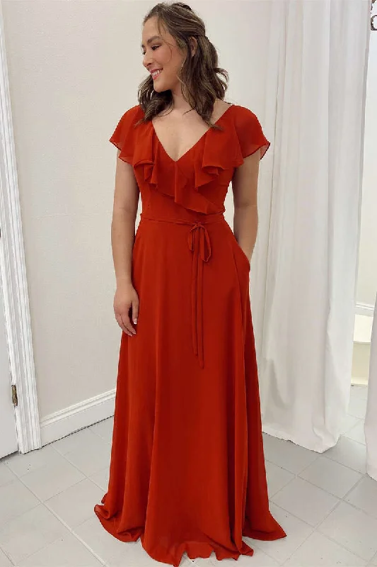 Rust Orange Ruffled V-Neck A-Line Long Bridesmaid Dress