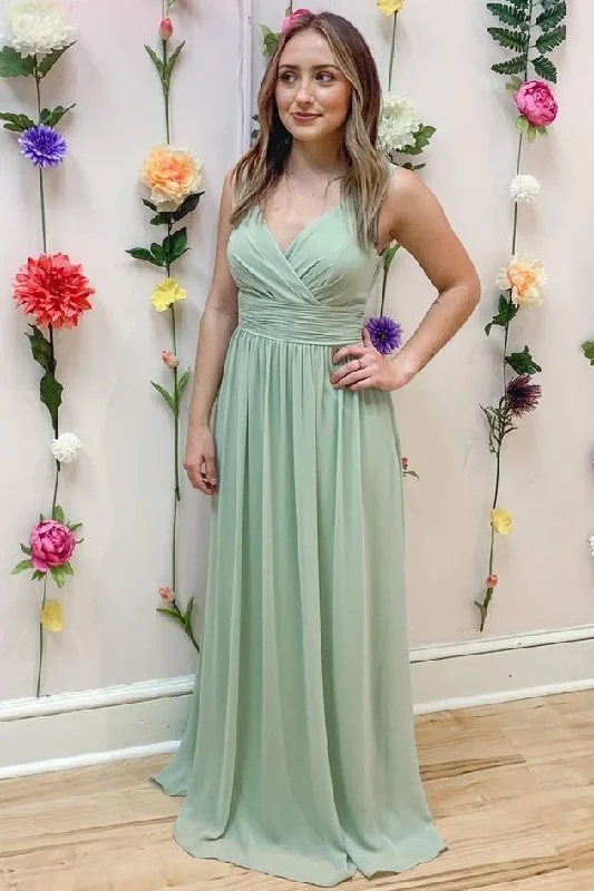 Sage Green Chiffon V-Neck Ruched Bridesmaid Dress