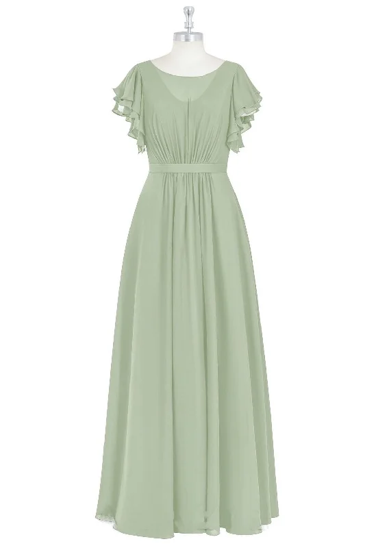 Sage Green Crew Neck Ruffles A-Line Long Bridesmaid Dress