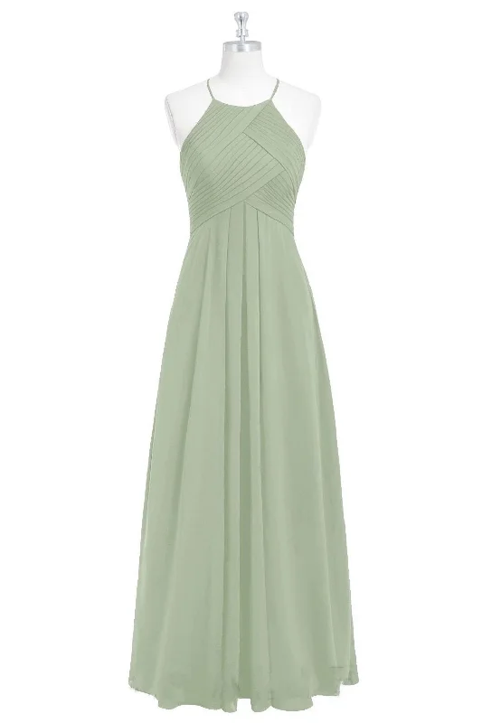 Sage Green Halter A-Line Long Bridesmaid Dress