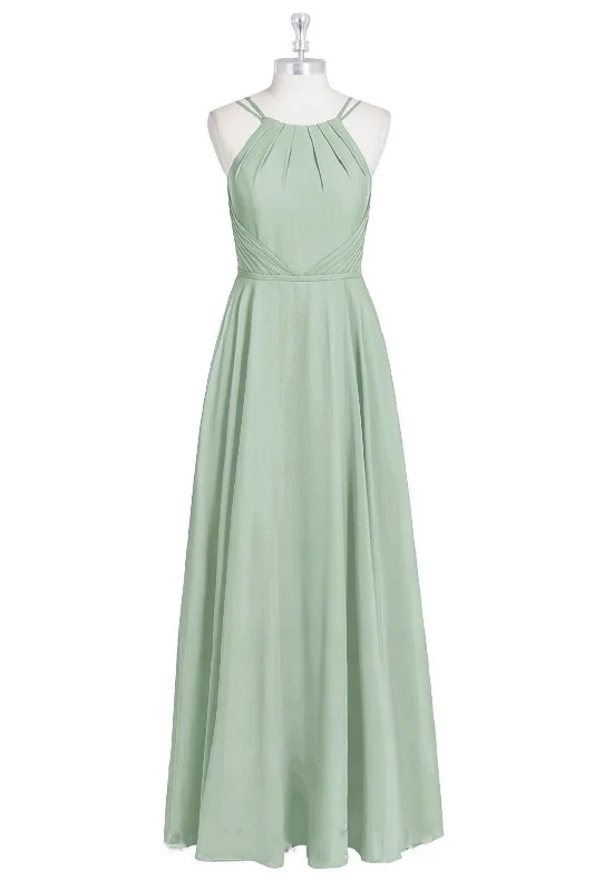 Sage Green Halter Spaghetti Straps A-Line Long Bridesmaid Dress