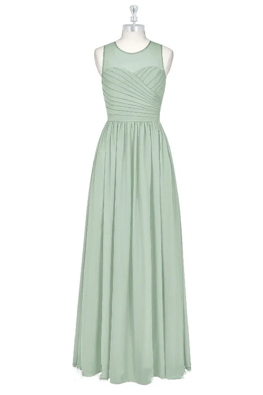 Sage Green Sheer Crew Neck Long Bridesmaid Dress