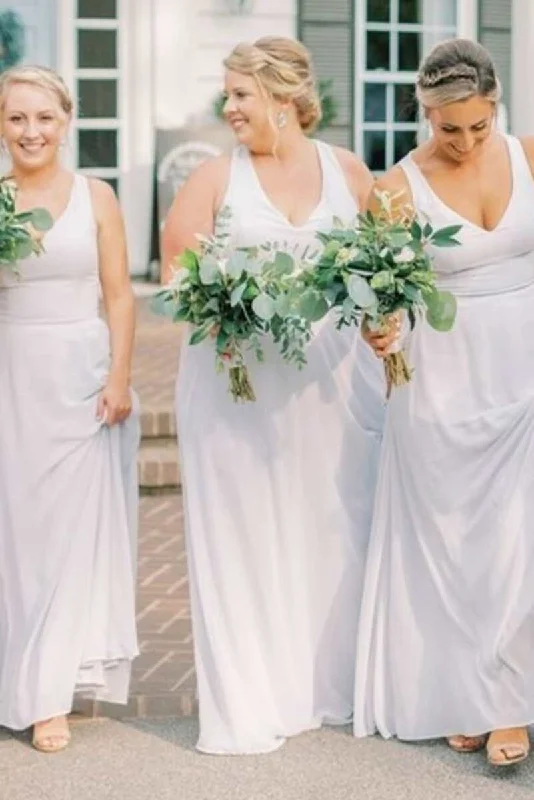 Simple White V-Neck A-Line Bridesmaid Dress