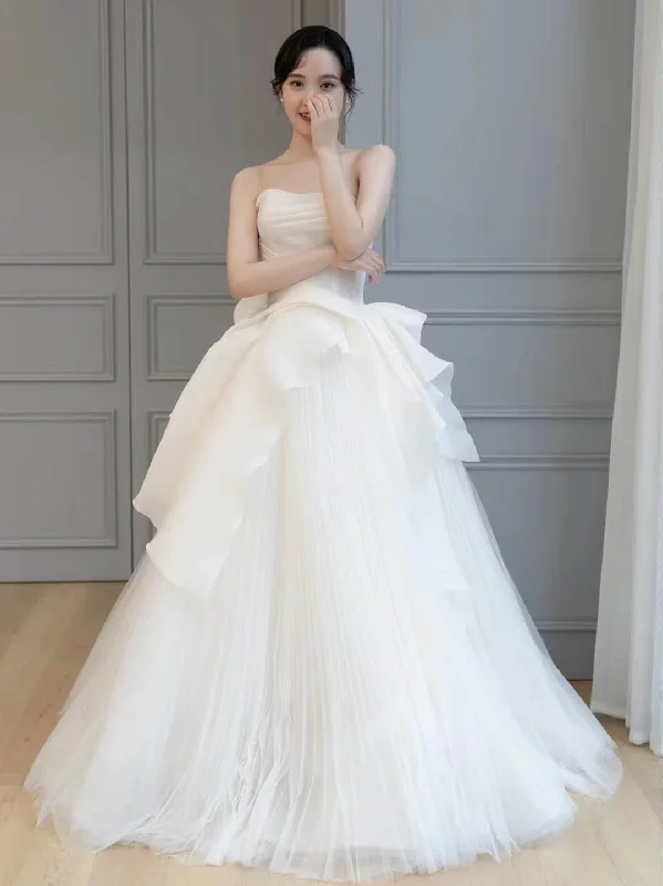 Strapless Tulle Organza Wedding Dresses, Romantic Long Wedding Dresses, Bridal Gown