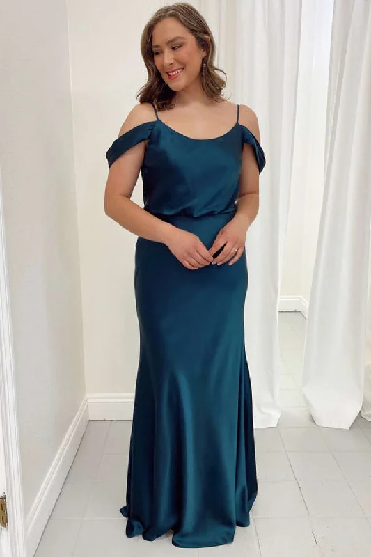 Teal Blue Satin Cold-Shoulder Long Bridesmaid Dress