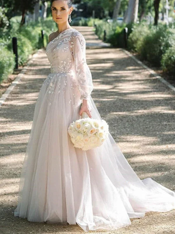 Unique Design One Shoulder A-line Wedding Dresses, Fashion Lace Wedding Dresses