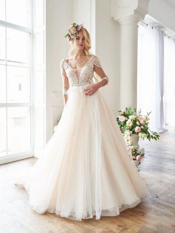 V-back Lace Tulle A-line Long Wedding Dresses, Elegant Lace Bridal Gowns