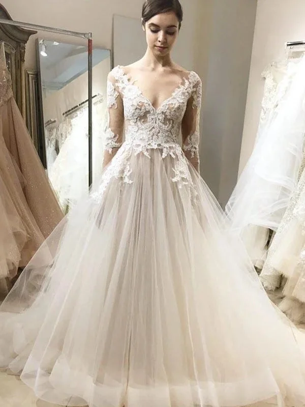 V-neck Long Sleeves Lace Tulle Wedding Dresses, Long Bridal Gown, 2020 Wedding Dresses