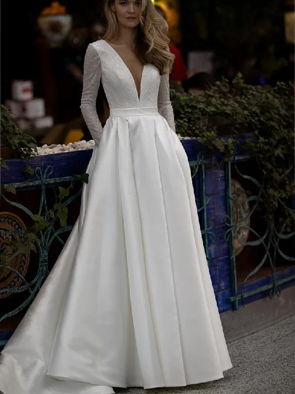 V-neck Long Sleeves Sparkle Satin Wedding Dresses, Elegant Wedding Dresses, Bridal Gown