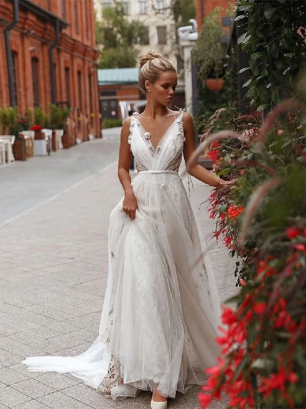 V-neck Tulle Floral Wedding Dresses, Newest 2020 Wedding Dresses, Popular Bridal Gown,