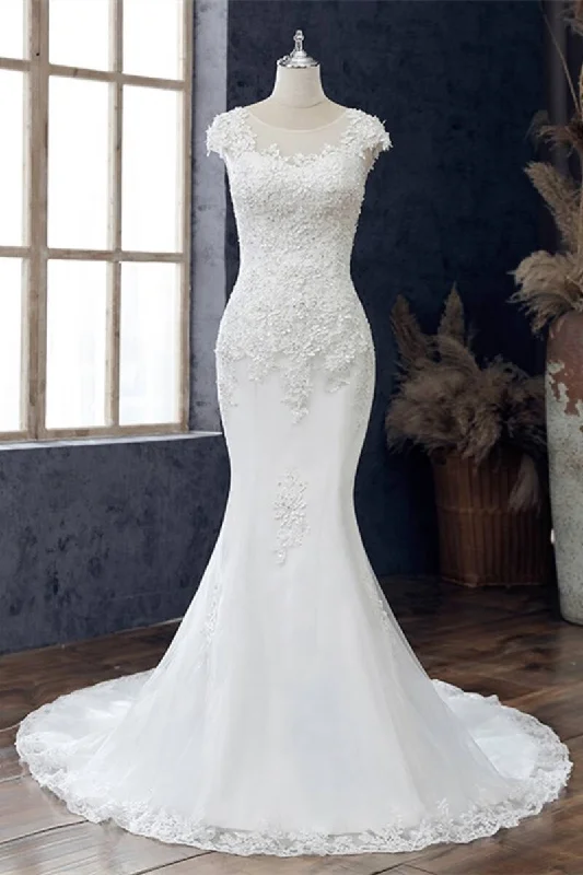 White Lace Beaded Cap Sleeve Trumpet Wedding Dress