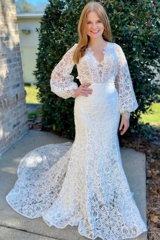 White Lace Long Sleeve Backless Mermaid Wedding Dress