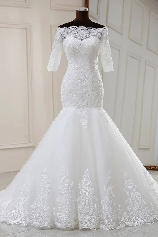 White Lace Off-the-Shoulder Half Sleeve Trumpet Wedding Dress