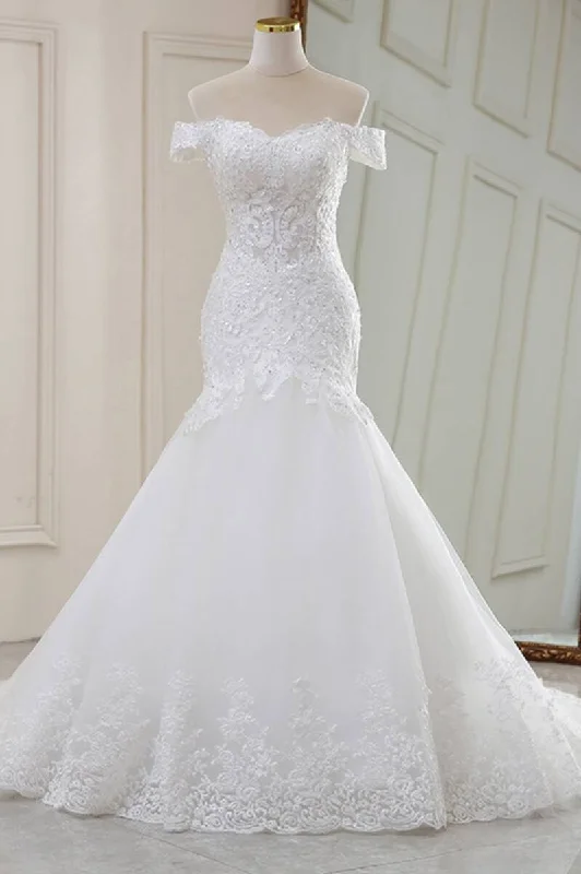 White Lace Off-the-Shoulder Trumpet Long Wedding Dress