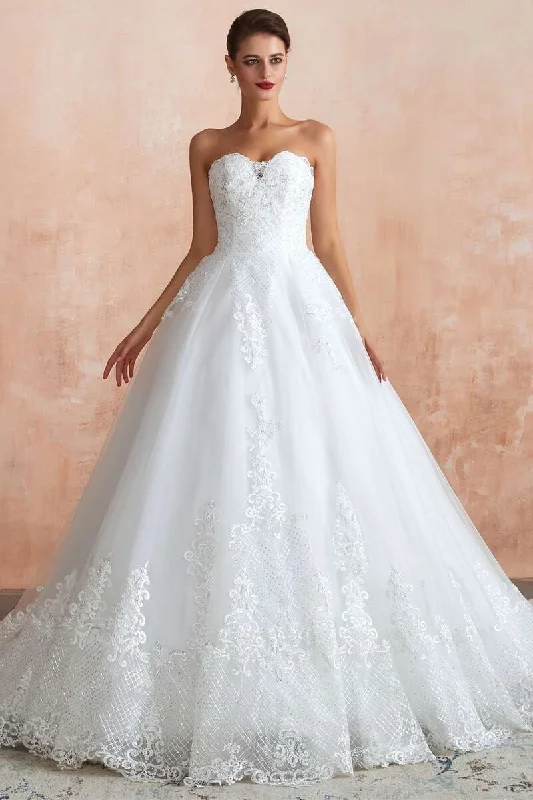 White Lace Strapless A-Line Wedding Dress