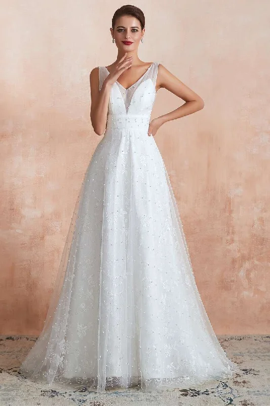 White Pearls V-Neck Backless A-Line Wedding Dress