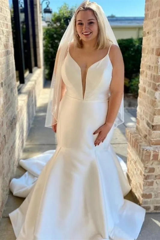 White Satin Plunge V Backless Trumpet Wedding Dress