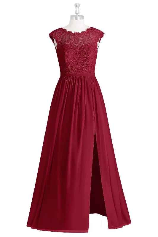 Wine Red Crew Neck Cap Sleeve Long Bridesmaid Dress with Slit