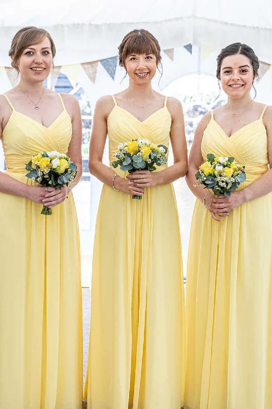 Yellow Chiffon Spaghetti Straps A-Line Long Bridesmaid Dress